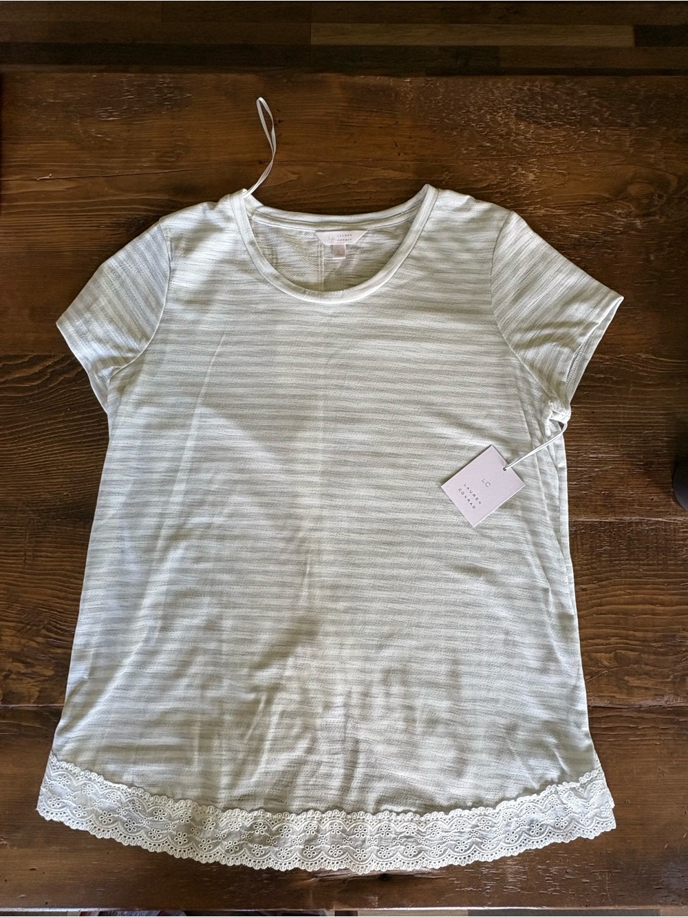 Grey and White Striped Tee with Lace Hem